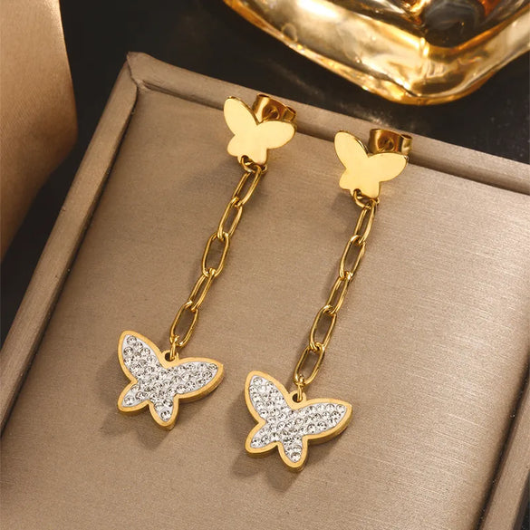 1 Pair Simple Style IG Style Pentagram Heart Shape Butterfly Inlay 304 Stainless Steel Artificial Pearl Shell Rhinestones Pearl Shell 18K Gold Plated Drop Earrings