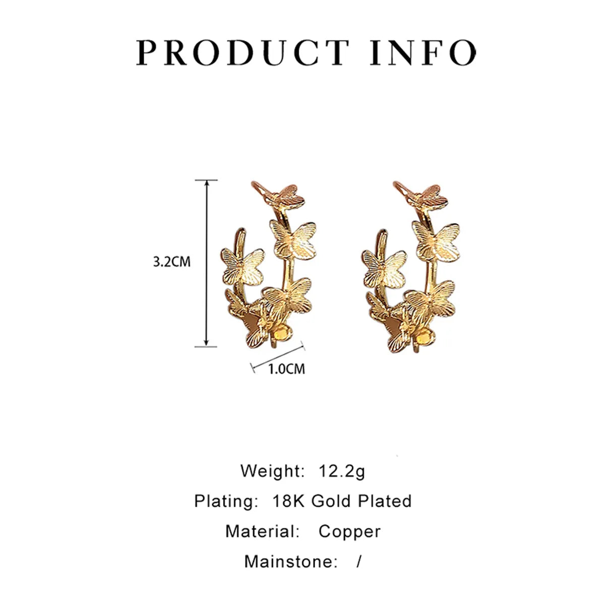 1 Pair Simple Style Korean Style C Shape Butterfly Copper 18K Gold Plated Ear Studs