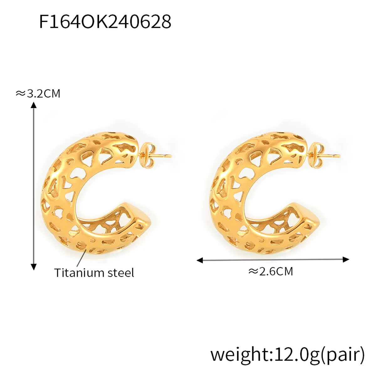 1 Pair Simple Style Korean Style C Shape Heart Shape Plating Hollow Out 304 Stainless Steel 18K Gold Plated Ear Studs