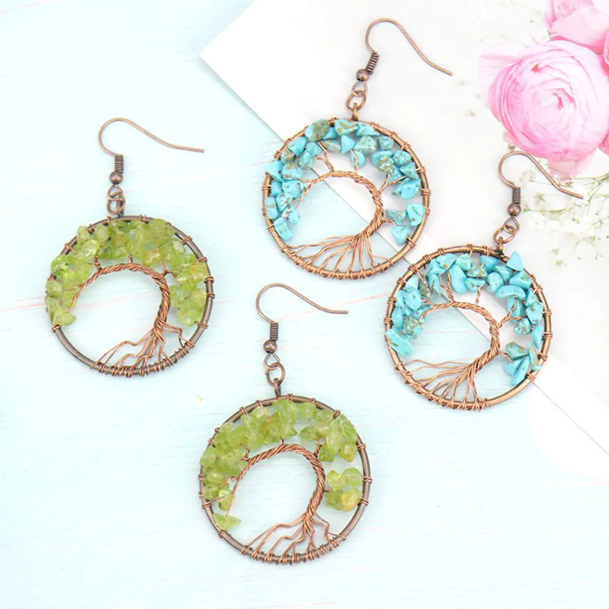 1 Pair Simple Style Leaf Natural Stone Copper Drop Earrings