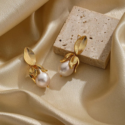 1 Pair Simple Style Leaf Plating Inlay Copper Pearl 18k Gold Plated Drop Earrings