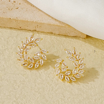 1 Pair Simple Style Leaves Hollow Out Inlay Copper Zircon Ear Studs