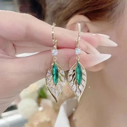 1 Pair Simple Style Leaves Inlay Alloy Zircon Drop Earrings