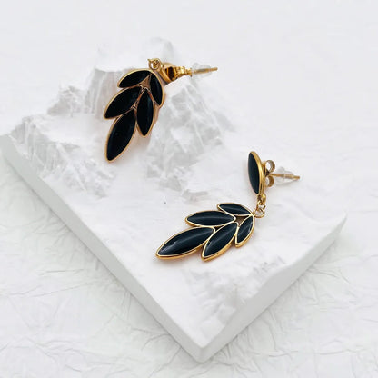 1 Pair Simple Style Leaves Inlay Stainless Steel Obsidian 18K Gold Plated Drop Earrings