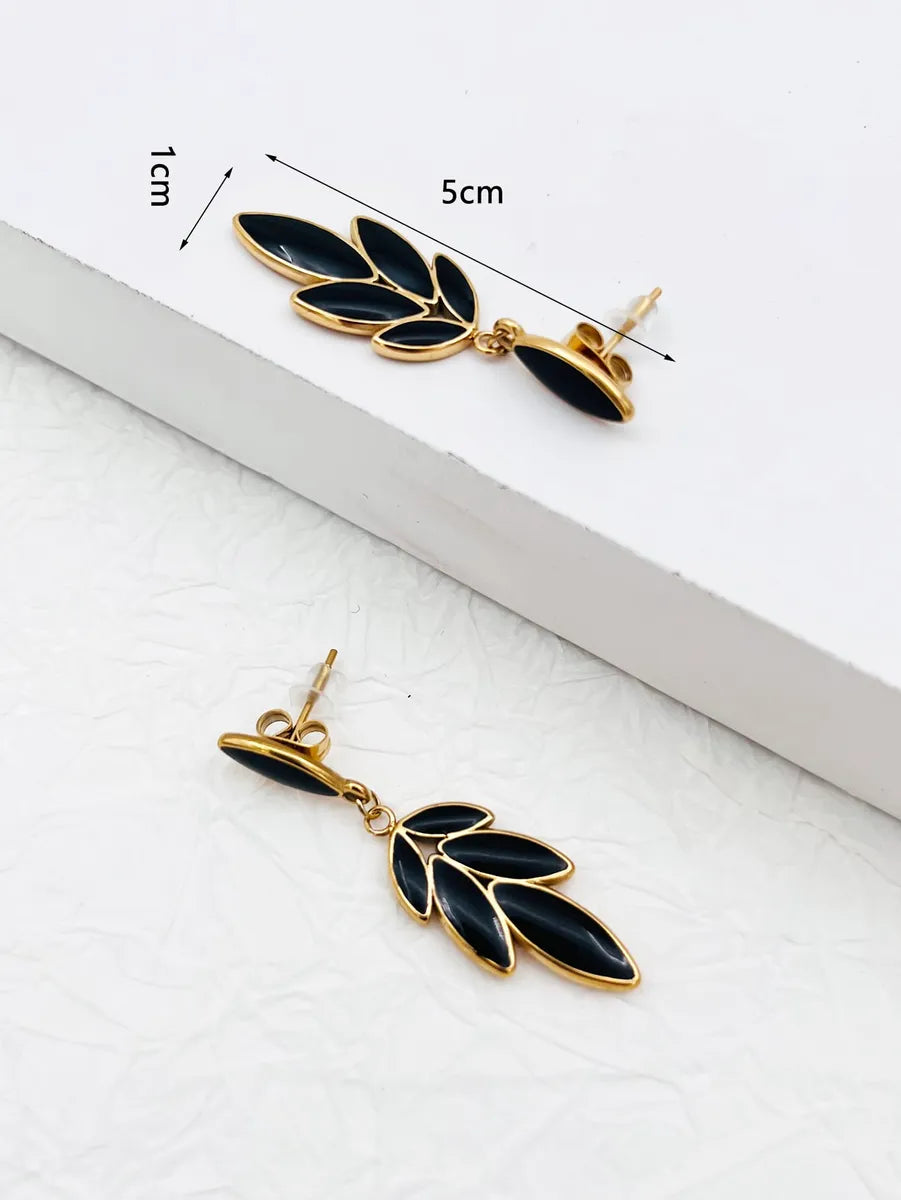 1 Pair Simple Style Leaves Inlay Stainless Steel Obsidian 18K Gold Plated Drop Earrings