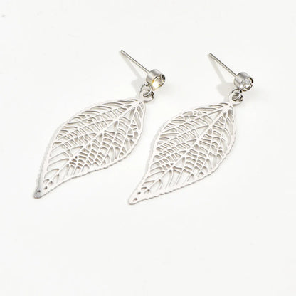 1 Pair Simple Style Leaves Stainless Steel Plating Hollow Out Inlay Rhinestones Drop Earrings