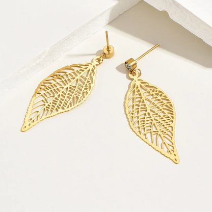 1 Pair Simple Style Leaves Stainless Steel Plating Hollow Out Inlay Rhinestones Drop Earrings