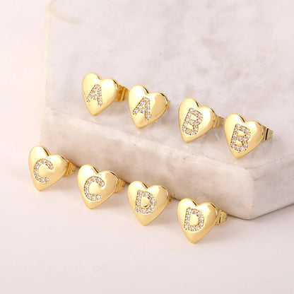 1 Pair Simple Style Letter Heart Shape Inlay Copper Rhinestones 18K Gold Plated White Gold Plated Ear Studs