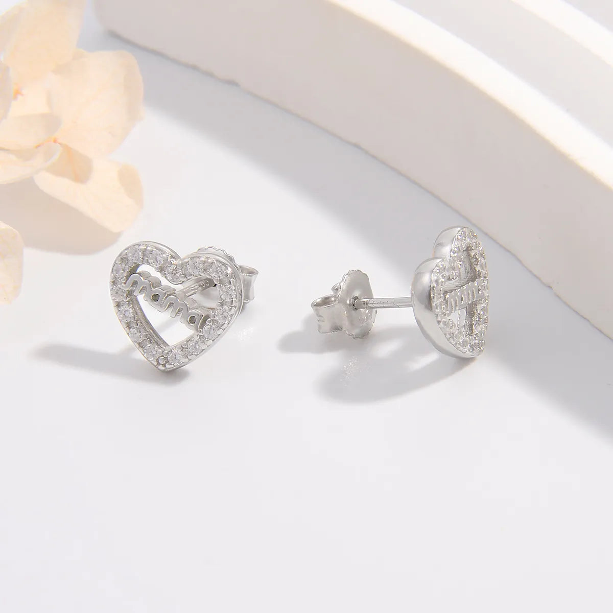 1 Pair Simple Style Letter Heart Shape Plating Hollow Out Inlay Sterling Silver Zircon White Gold Plated Rhodium Plated Ear Studs