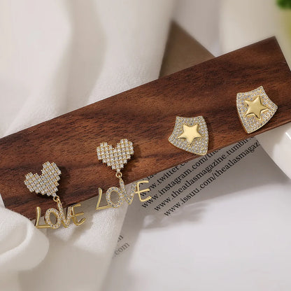 1 Pair Simple Style Letter Star Plating Inlay Copper Zircon 18k Gold Plated Drop Earrings