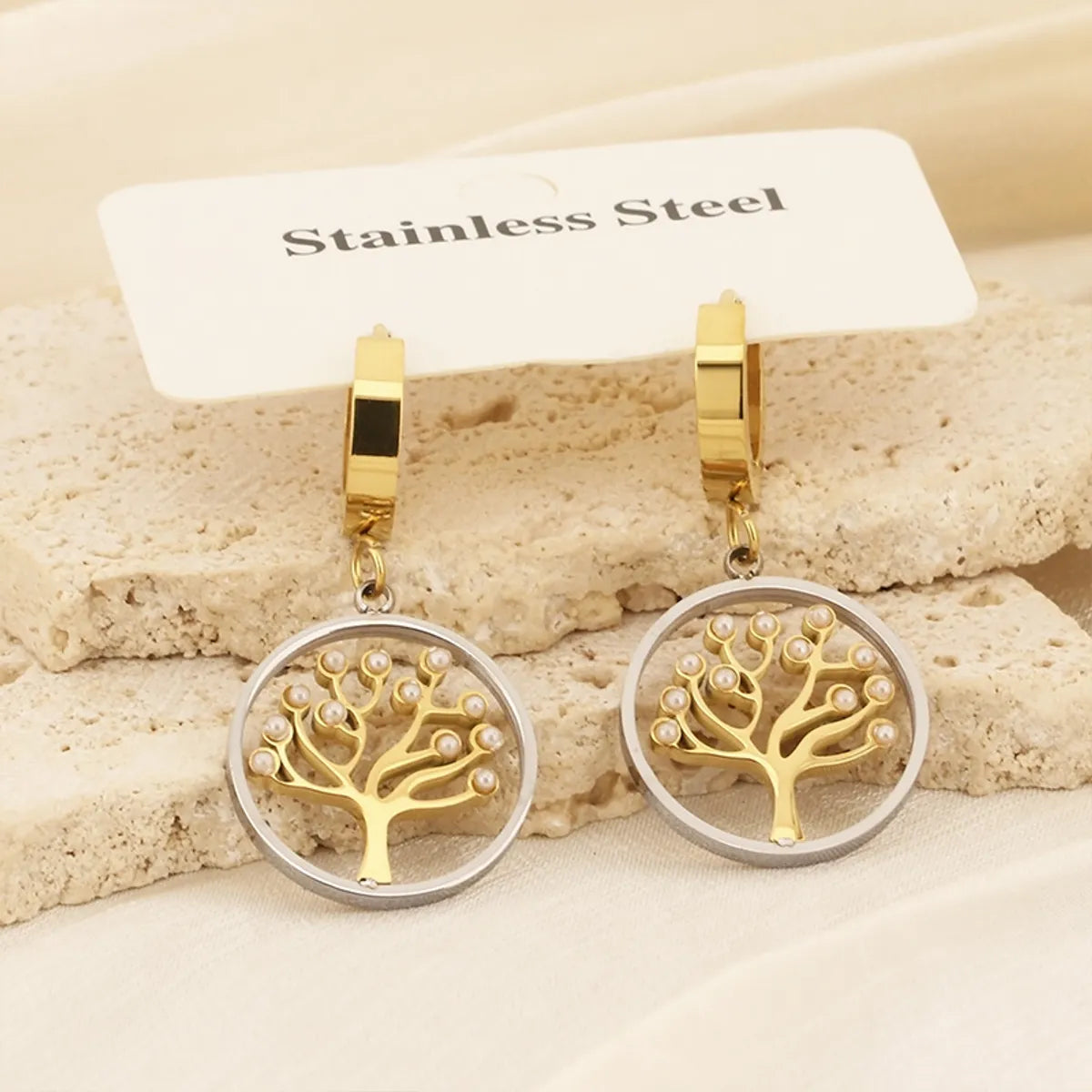 1 Pair Simple Style Life Tree Snake Plating Inlay Titanium Steel Artificial Pearls Rhinestones Drop Earrings