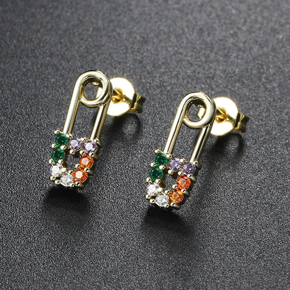 1 Pair Simple Style Paper Clip Copper Plating Inlay Artificial Gemstones 14k Gold Plated Earrings