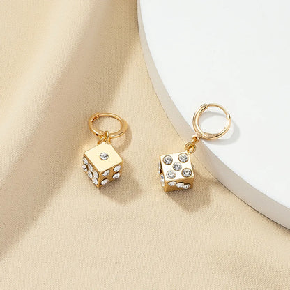 1 Pair Simple Style Quadrilateral Dice Plating Inlay Alloy Artificial Rhinestones 14k Gold Plated Drop Earrings