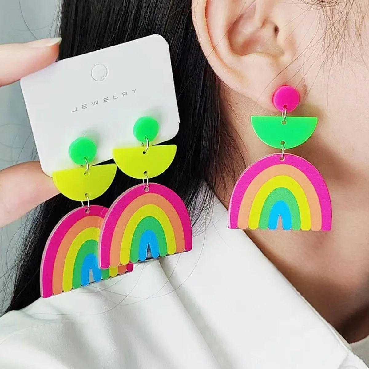 1 Pair Simple Style Rainbow Printing Arylic Drop Earrings