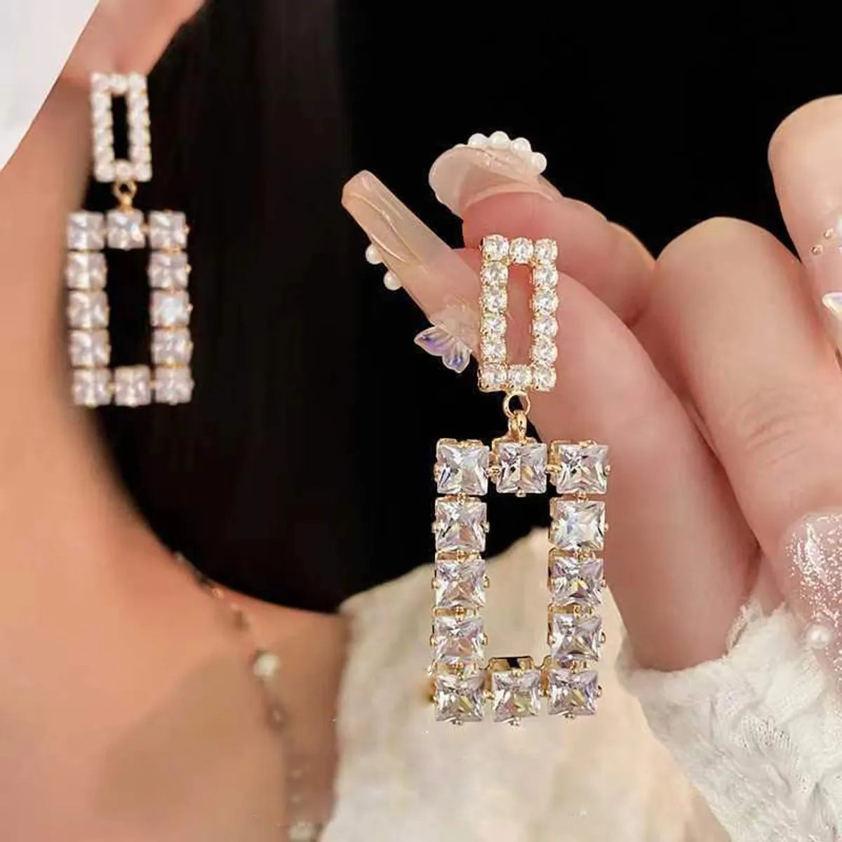 1 Pair Simple Style Rectangle Plating Inlay Alloy Crystal Rhinestones Zircon Gold Plated Silver Plated Drop Earrings