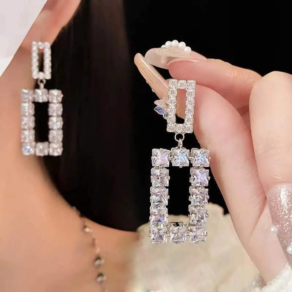 1 Pair Simple Style Rectangle Plating Inlay Alloy Crystal Rhinestones Zircon Gold Plated Silver Plated Drop Earrings