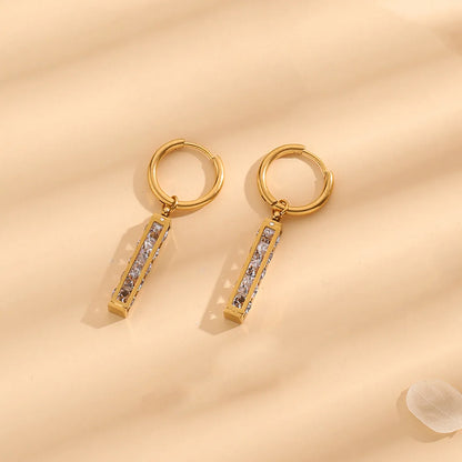 1 Pair Simple Style Rectangle Plating Inlay Stainless Steel Rhinestones 18k Gold Plated Drop Earrings