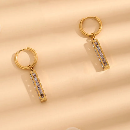 1 Pair Simple Style Rectangle Plating Inlay Stainless Steel Rhinestones 18k Gold Plated Drop Earrings