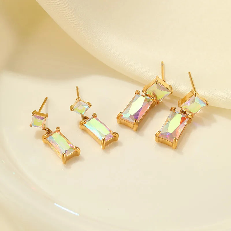 1 Pair Simple Style Rectangle Plating Inlay Stainless Steel Zircon Gold Plated Drop Earrings