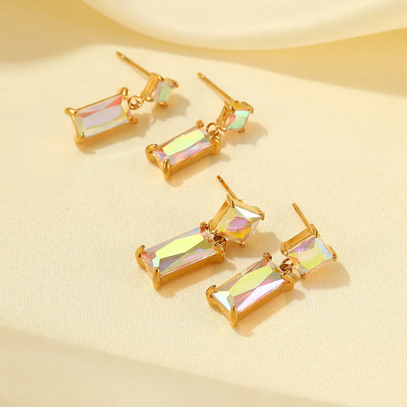 1 Pair Simple Style Rectangle Plating Inlay Stainless Steel Zircon Gold Plated Drop Earrings