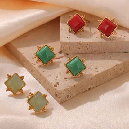 1 Pair Simple Style Rhombus Inlay Titanium Steel Natural Stone 18K Gold Plated Ear Studs