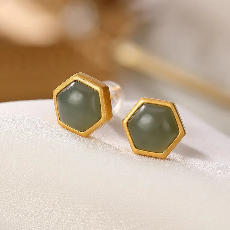 1 Pair Simple Style Rhombus Sterling Silver Inlay Hetian Jade Ear Studs