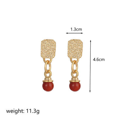 1 Pair Simple Style Round Ball Plating Inlay Copper Natural Stone 18k Gold Plated Drop Earrings Ear Studs