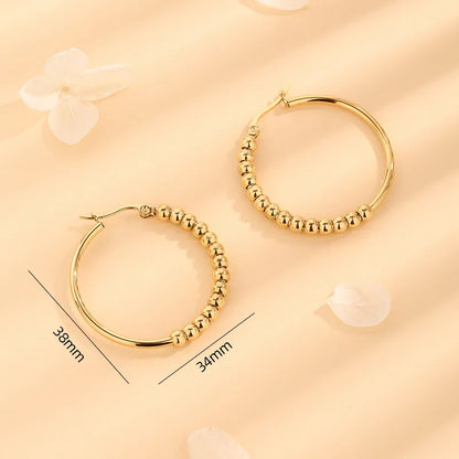 1 Pair Simple Style Round Beaded Polishing Titanium Steel 18K Gold Plated Hoop Earrings