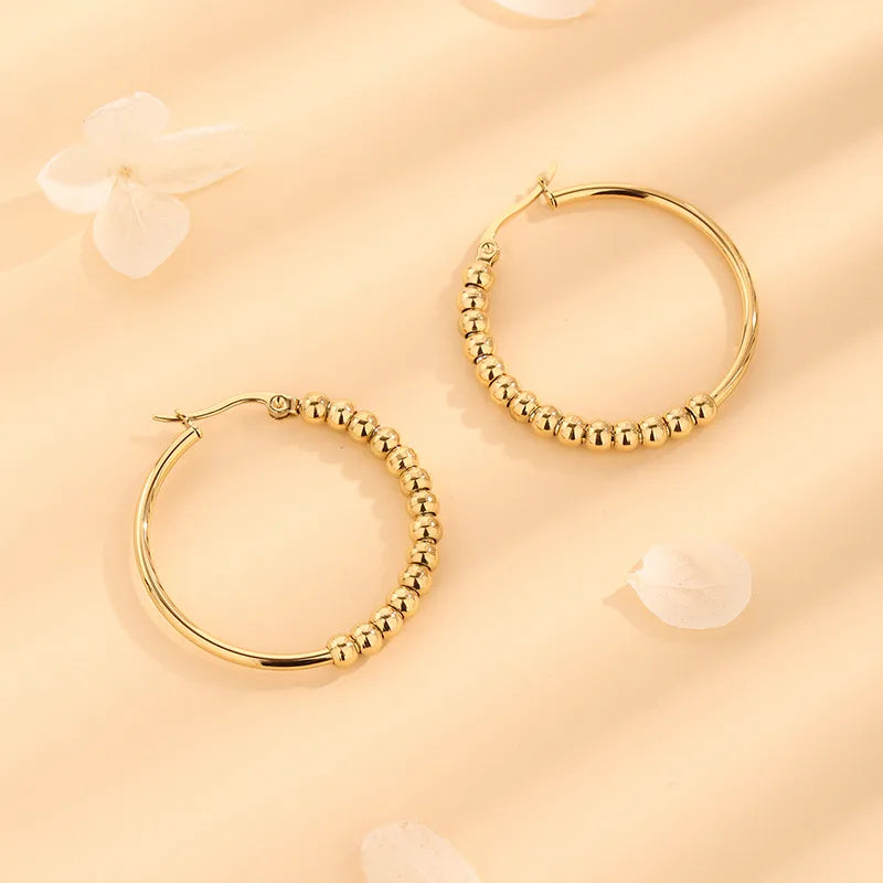 1 Pair Simple Style Round Beaded Polishing Titanium Steel 18K Gold Plated Hoop Earrings