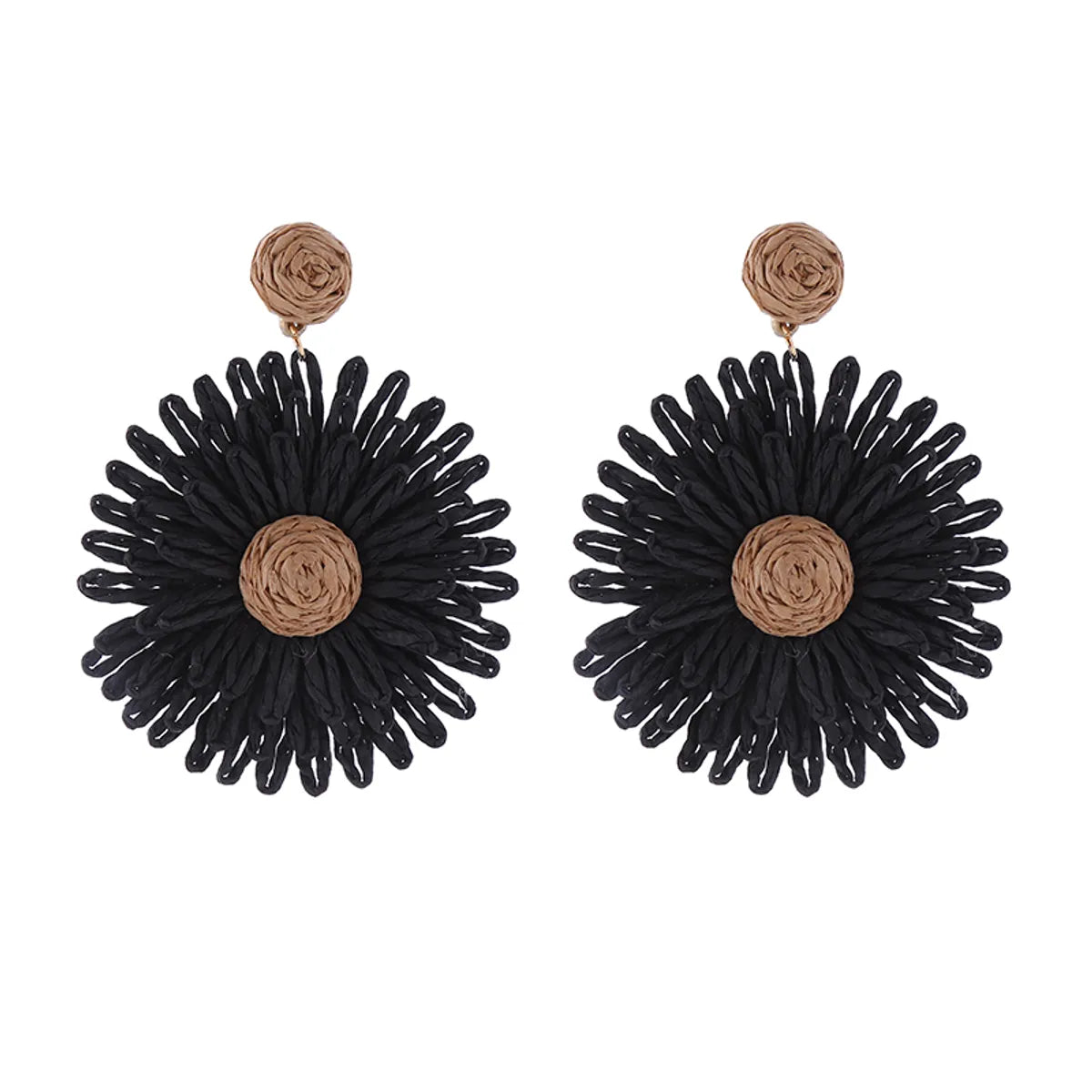 1 Pair Simple Style Round Flower Braid Alloy Raffia Drop Earrings