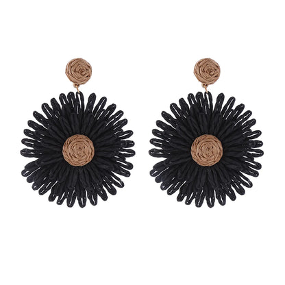 1 Pair Simple Style Round Flower Braid Alloy Raffia Drop Earrings