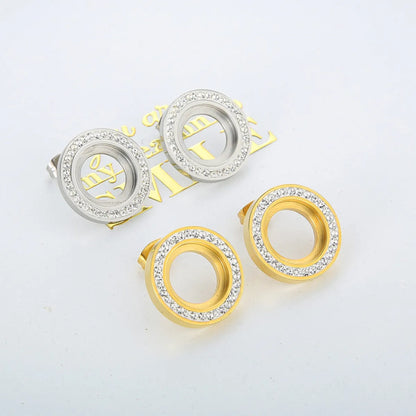 1 Pair Simple Style Round Hollow Out Inlay Stainless Steel Rhinestones Ear Studs