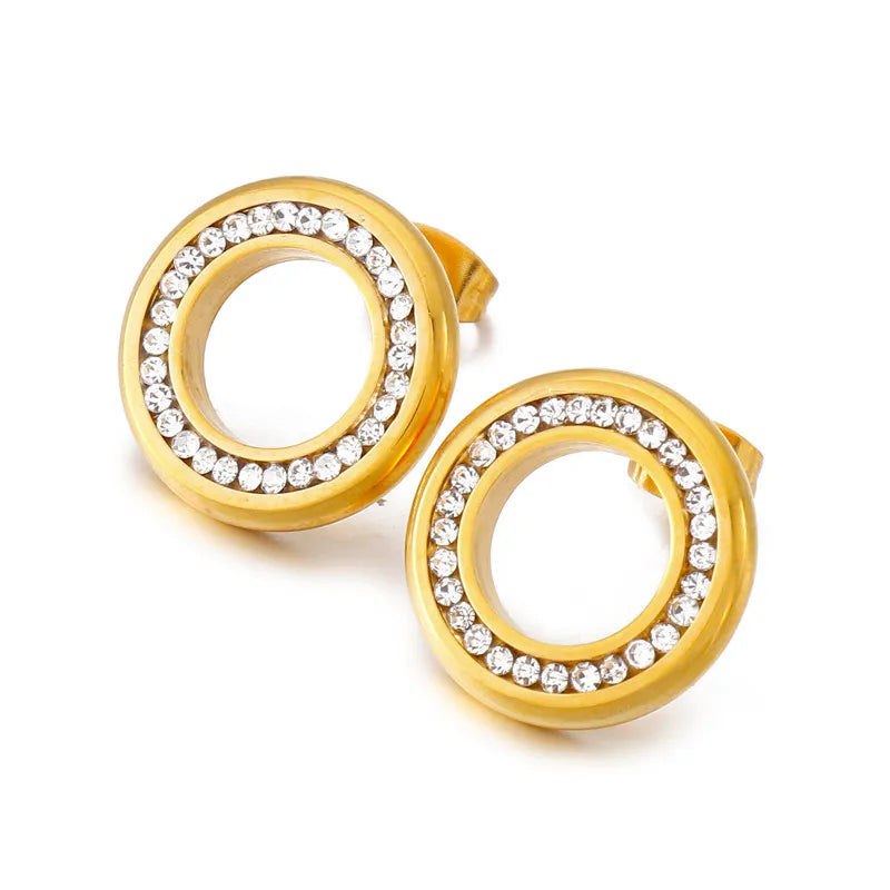 1 Pair Simple Style Round Inlay Stainless Steel Rhinestones 18K Gold Plated Ear Studs