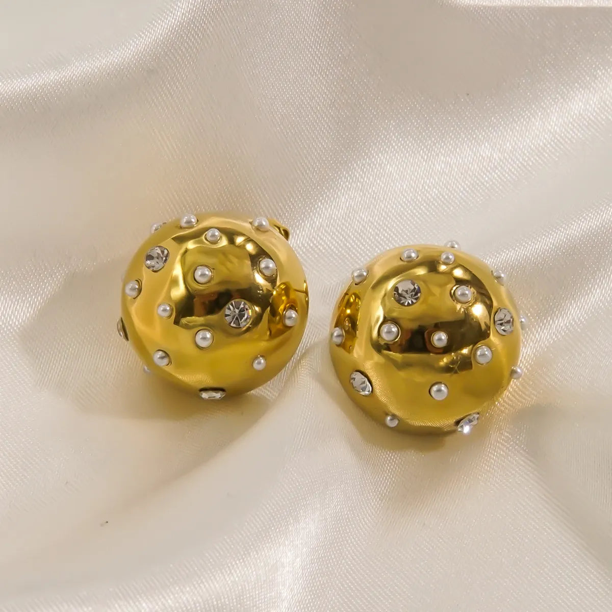 1 Pair Simple Style Round Inlay Stainless Steel Rhinestones Pearl 14K Gold Plated Ear Studs