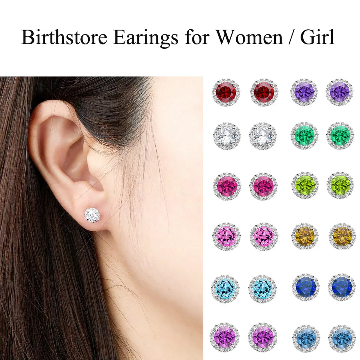 1 Pair Simple Style Round Inlay Sterling Silver Birthstone Ear Studs