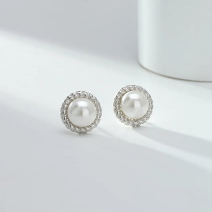 1 Pair Simple Style Round Inlay Sterling Silver Pearl Ear Studs