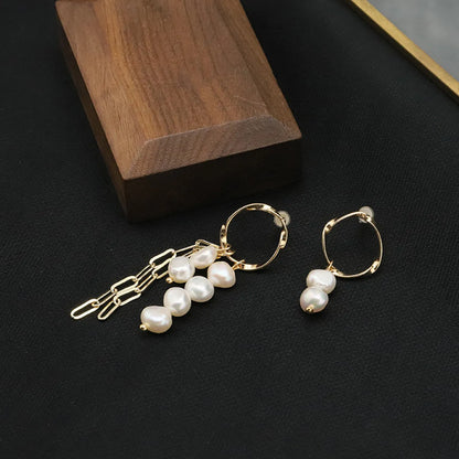 1 Pair Simple Style Round Patchwork Plating Freshwater Pearl Copper 18k Gold Plated Drop Earrings