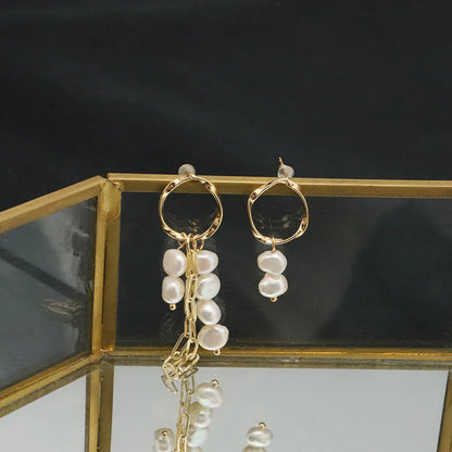 1 Pair Simple Style Round Patchwork Plating Freshwater Pearl Copper 18k Gold Plated Drop Earrings