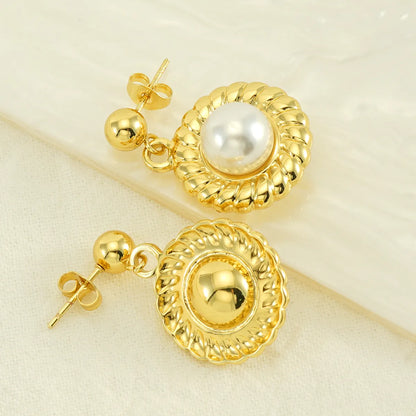 1 Pair Simple Style Round Plating Inlay Stainless Steel Artificial Pearls 18k Gold Plated Drop Earrings