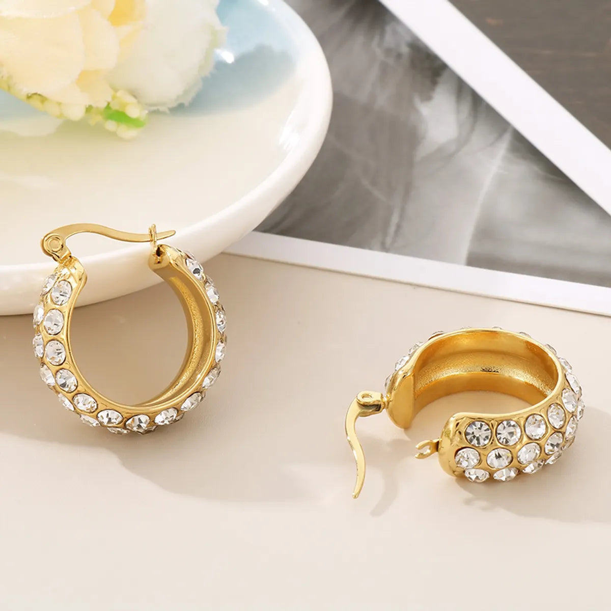 1 Pair Simple Style Round Plating Inlay Stainless Steel Zircon Gold Plated Earrings