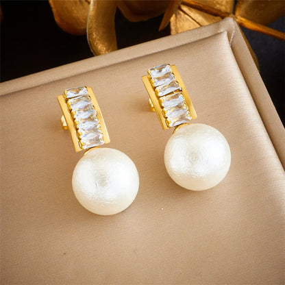 1 Pair Simple Style Round Plating Inlay Titanium Steel Rhinestones Pearl 18k Gold Plated Ear Studs