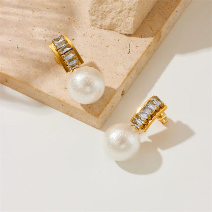 1 Pair Simple Style Round Plating Inlay Titanium Steel Rhinestones Pearl 18k Gold Plated Ear Studs