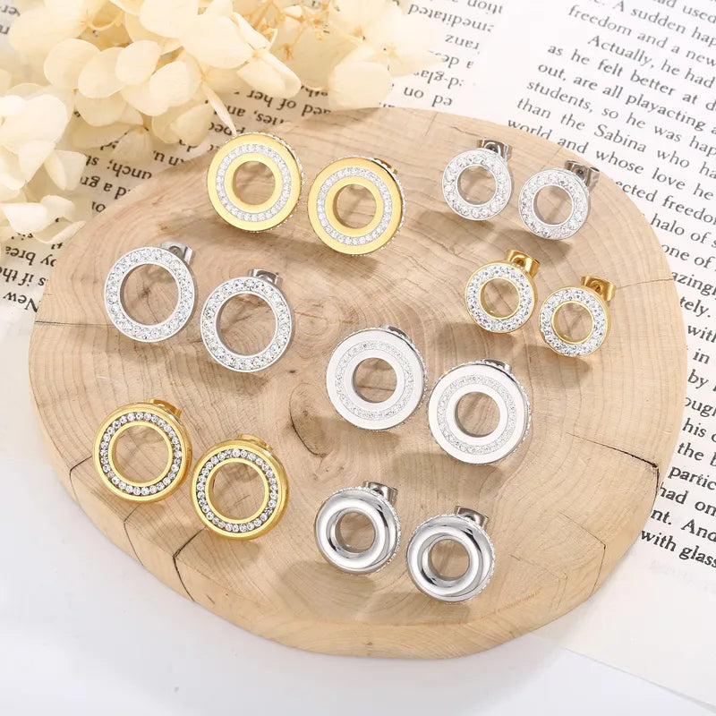 1 Pair Simple Style Round Solid Color Inlay Stainless Steel Crystal Rhinestones 18K Gold Plated Ear Studs