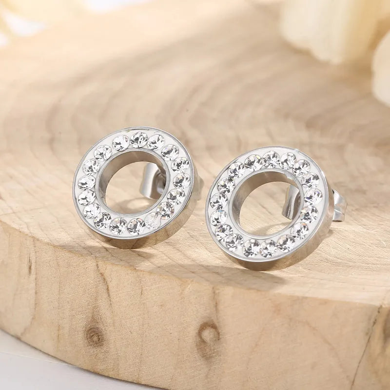 1 Pair Simple Style Round Solid Color Inlay Stainless Steel Crystal Rhinestones 18K Gold Plated Ear Studs