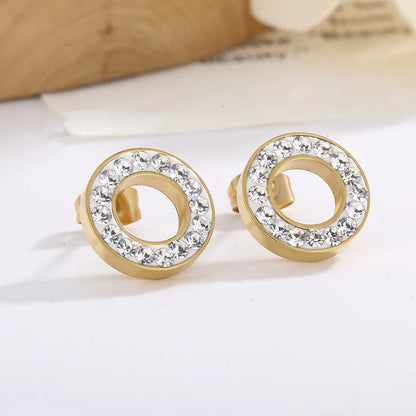 1 Pair Simple Style Round Solid Color Inlay Stainless Steel Crystal Rhinestones 18K Gold Plated Ear Studs