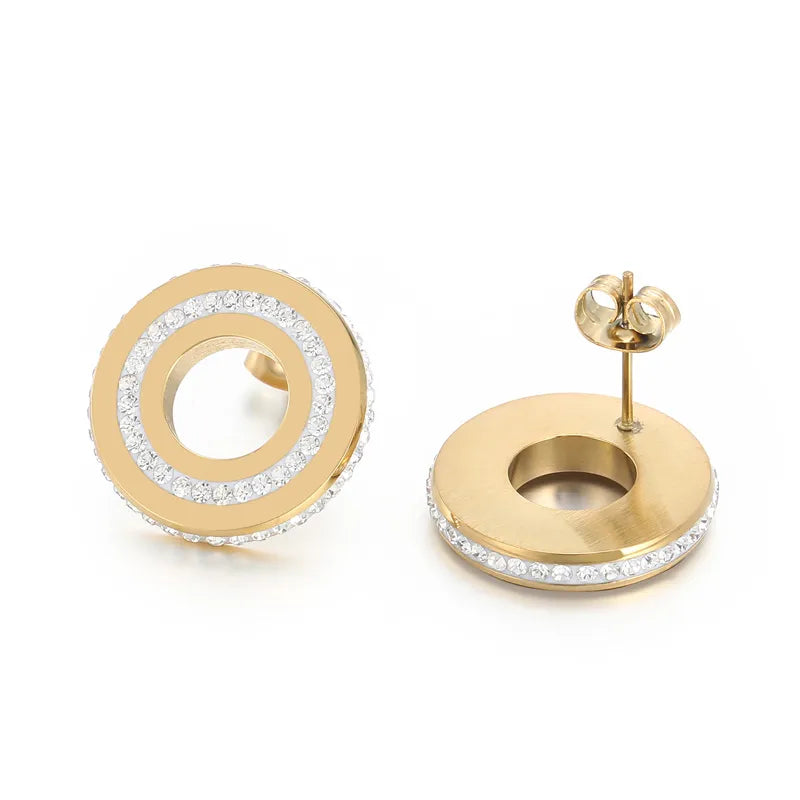 1 Pair Simple Style Round Solid Color Inlay Stainless Steel Crystal Rhinestones 18K Gold Plated Ear Studs