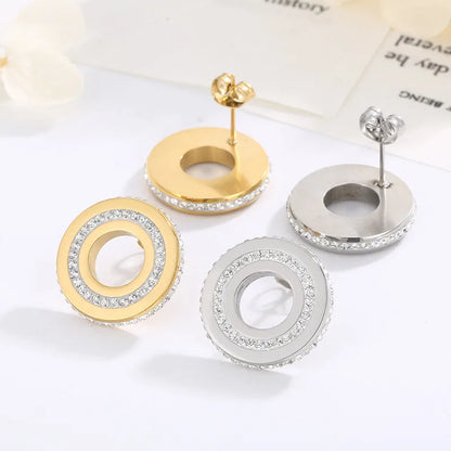 1 Pair Simple Style Round Solid Color Inlay Stainless Steel Crystal Rhinestones 18K Gold Plated Ear Studs