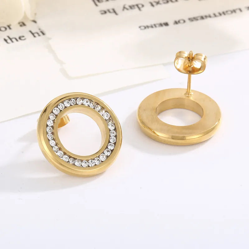 1 Pair Simple Style Round Solid Color Inlay Stainless Steel Crystal Rhinestones 18K Gold Plated Ear Studs