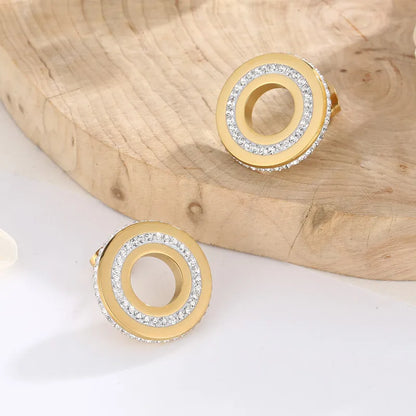 1 Pair Simple Style Round Solid Color Inlay Stainless Steel Crystal Rhinestones 18K Gold Plated Ear Studs