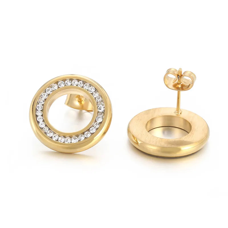 1 Pair Simple Style Round Solid Color Inlay Stainless Steel Crystal Rhinestones 18K Gold Plated Ear Studs